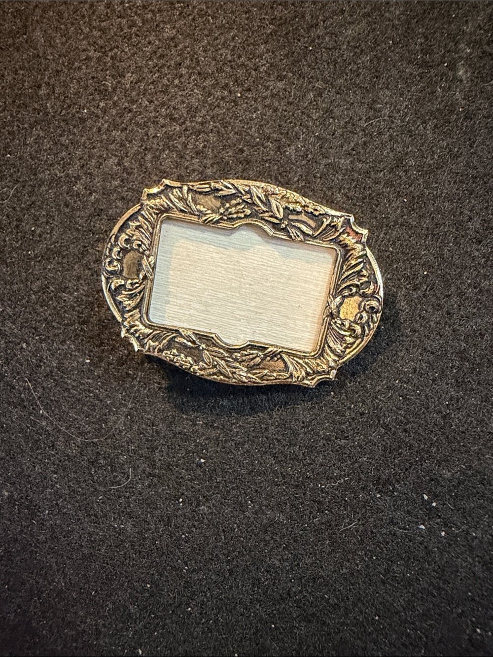 Vintage REO C. Com. Ornate Rectangular Metal Pin with Floral Frame - Gold Tone